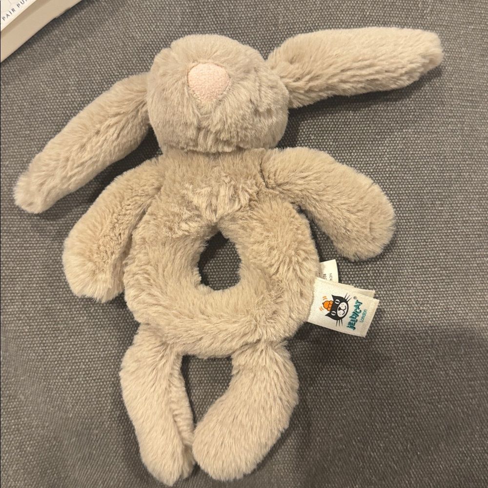 Jellycat| Beige Bashful Bunny Ring Rattle Rabbit Plush Grabber Soft Baby Toy 8”